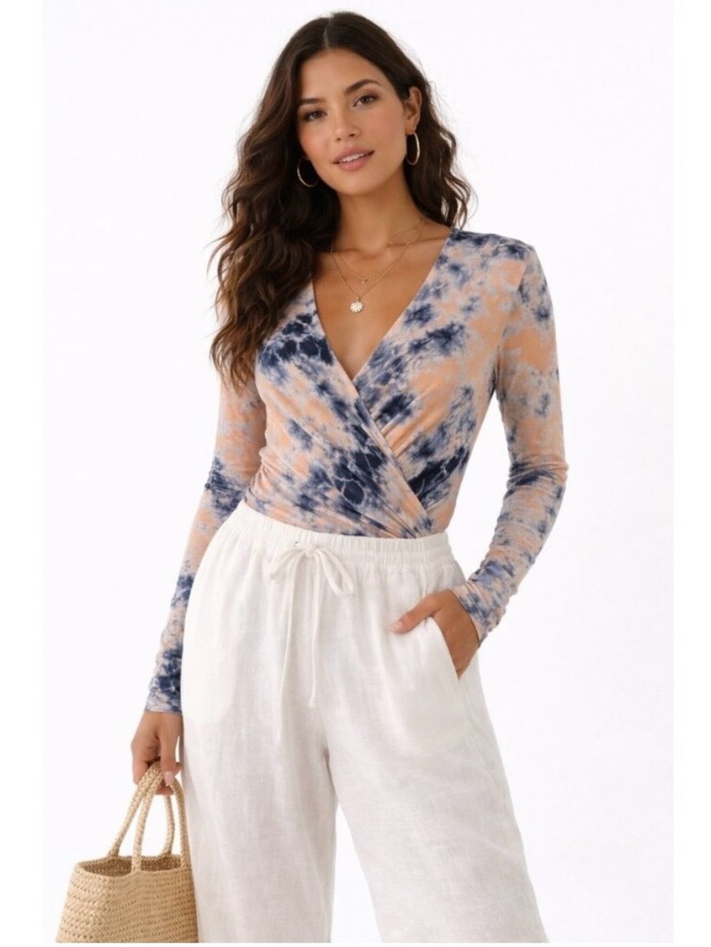 Young Fabulous & Broke Tie-Dye Wrap Front Long Sleeve Top in Peach and Navy